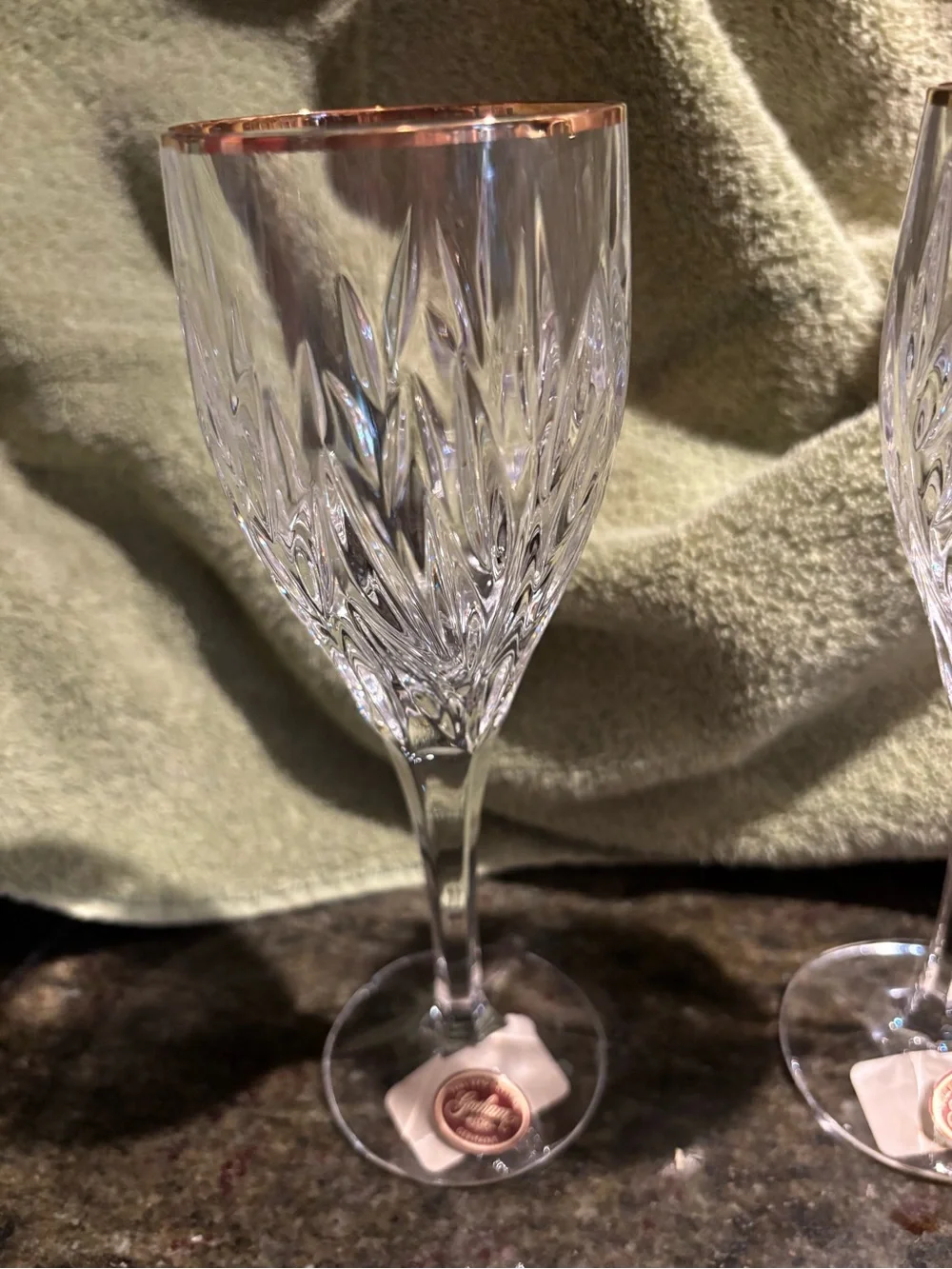 Gorham Star Blossom Full Lead Crystal Champagne Glasses with Gold Rim